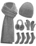 Geyoga 6 Pcs Winter Knit Set Beanie Hat Long Scarf Touchscreen Gloves Ear Muff Socks Warm Valentine Gift for Women Men Snow(Gray,Classic Style)