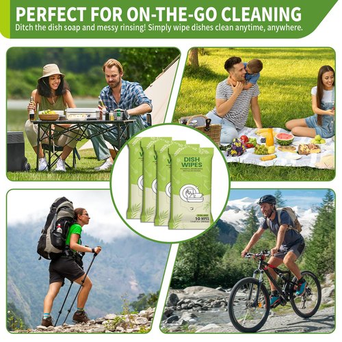 Creatyi 4 Pack Dish Wipes Camping Dish Wipes Travel Dish Soap Camp Kitchen Wipes Portable Cleaning of Plates, Bowls, Tableware and Ktchenware for Travel Camping (40 PCS)
