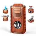 All-in-One Triple Torch Lighter with Built-in V Cutter, Holder, Punch, and Draw Enhancer Tool, Winproof Adjustable Triple Jet Flame Lighter, Refillable Lighter Gift for Men (Mahogany)