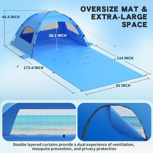 Beach Tent Sun Shelter by [Brand Name] - UPF 50+ Protection with Extended Sand Mat | Portable for 3-4 People