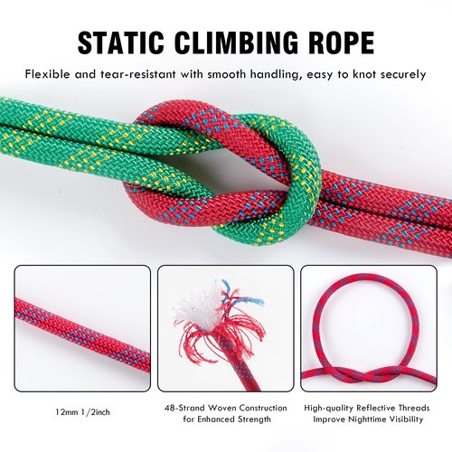 Hopeseily Static Climbing Rope, 1/2 Inch x 100ft Outdoor 48 Strands Polyester Rope for Rappelling Arborist Swing Rescue Safety Escape Hiking Camping Mountaineering Caving Emergency, Red