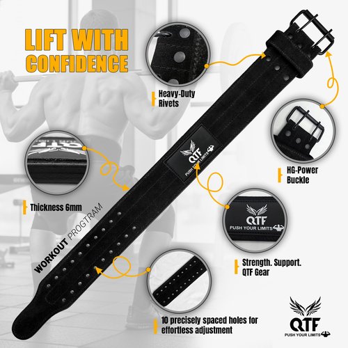 QTF Weight Lifting Belt Gym Exercise Workout, 4 inch Sued-Leather-Belt Padded Lumbar Back Support Men Women, 9 double Adjustable Holes, Powerlifting Bodybuilding Deadlift, Squat Fitness Strength Training Belt (Black, Large)