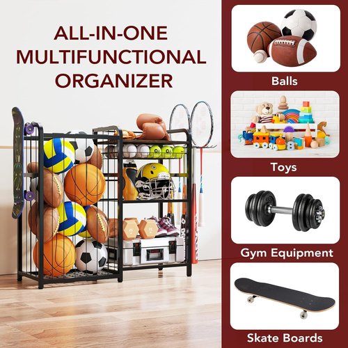 Homsorout Sports Equipment Organizer - Large Capacity Ball Storage with Hooks & Baskets for Garage