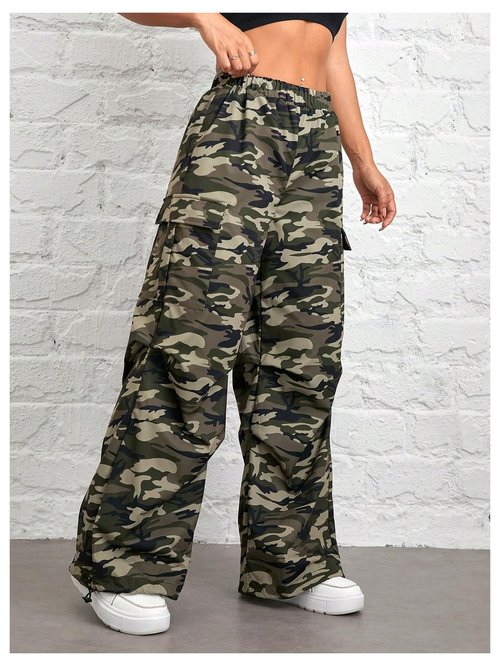 Floerns Girl's Camo Print Straight Leg Y2k Pants Elastic Waist Gym Track Pants Army Green 10Y