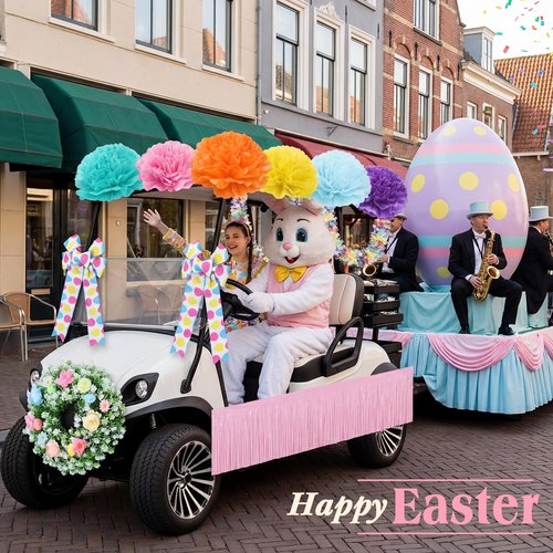 Suncalla 16 Pcs Easter Golf Cart Decorations Spring Party Decorations Festival Bowties Pastel Wreath Tinsel Garland Fringe Tissue Paper Flowers for Golf Cart Party Supplies Decor(Easter)
