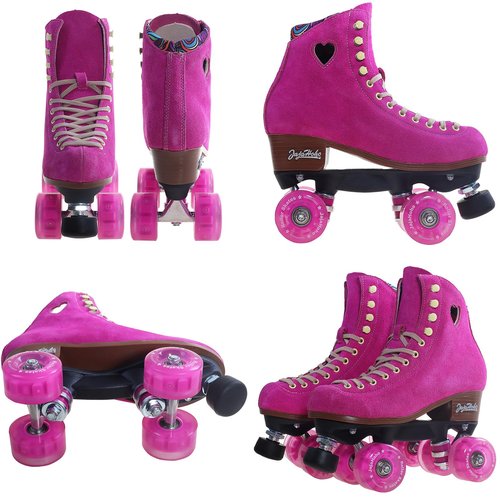JajaHoho Fuchsia Quad Roller Skates for Women Girls, Suede Nubuck Genuine Leather, Reinforced Nylon Fiber Thrust Plate, Shiny Double-Row LED Light Up Wheels, Indoor Outdoor (Hot Pink, Size 8)