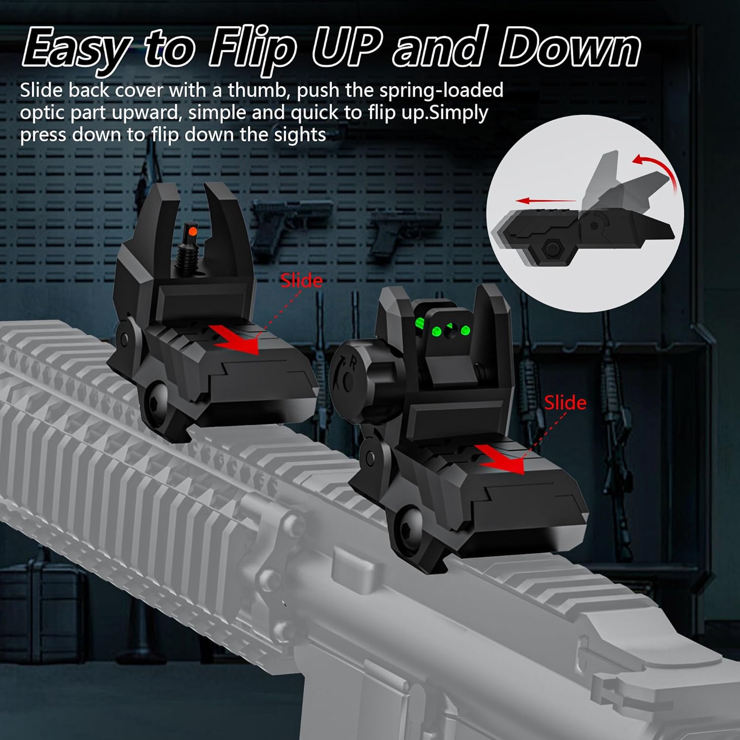 Skiennix Folding Fiber Optic Sights - Flip-Up Front & Rear Backup Sights for Picatinny Rails | Red & Green Dots