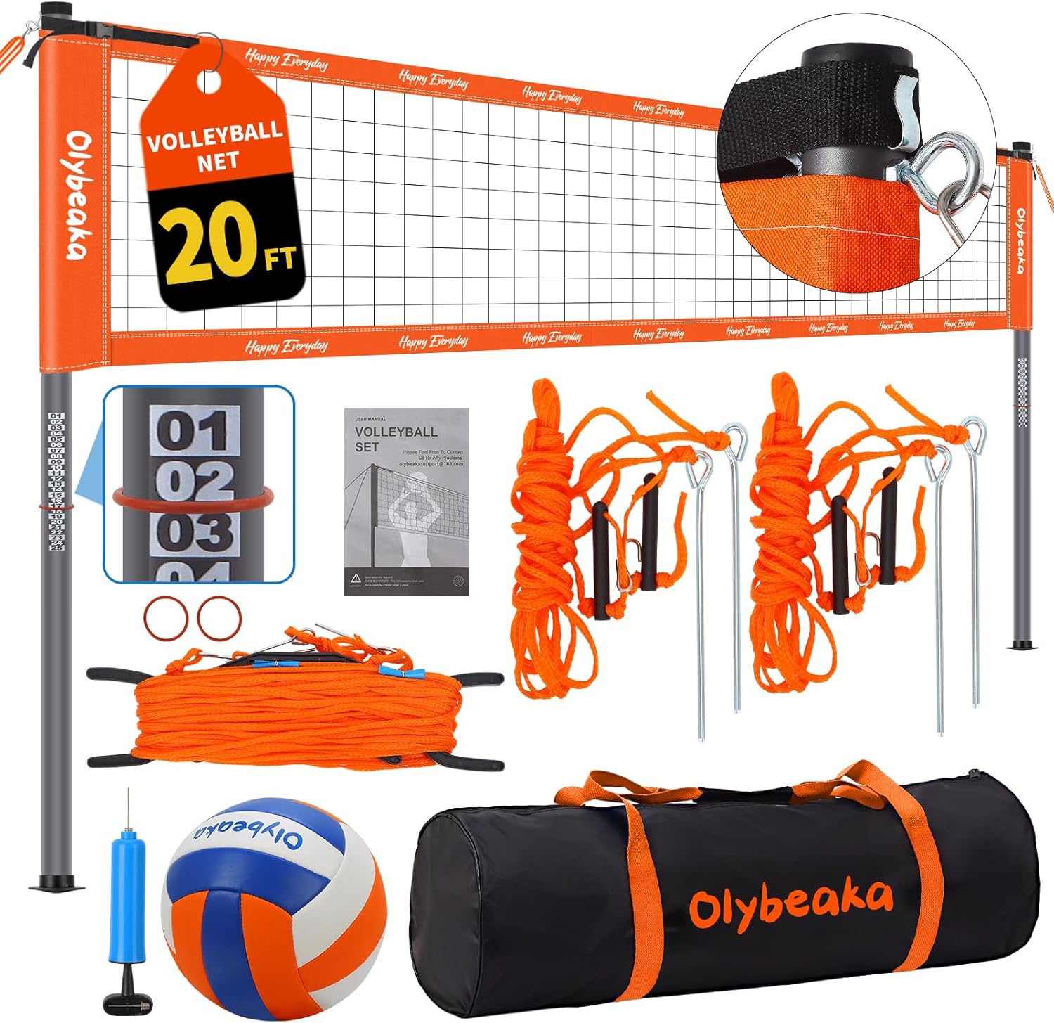 Regine Switzerland Portable Volleyball Net Set - Heavy-Duty Poles, Durable Net & PU Volleyball | 20ft, Orange