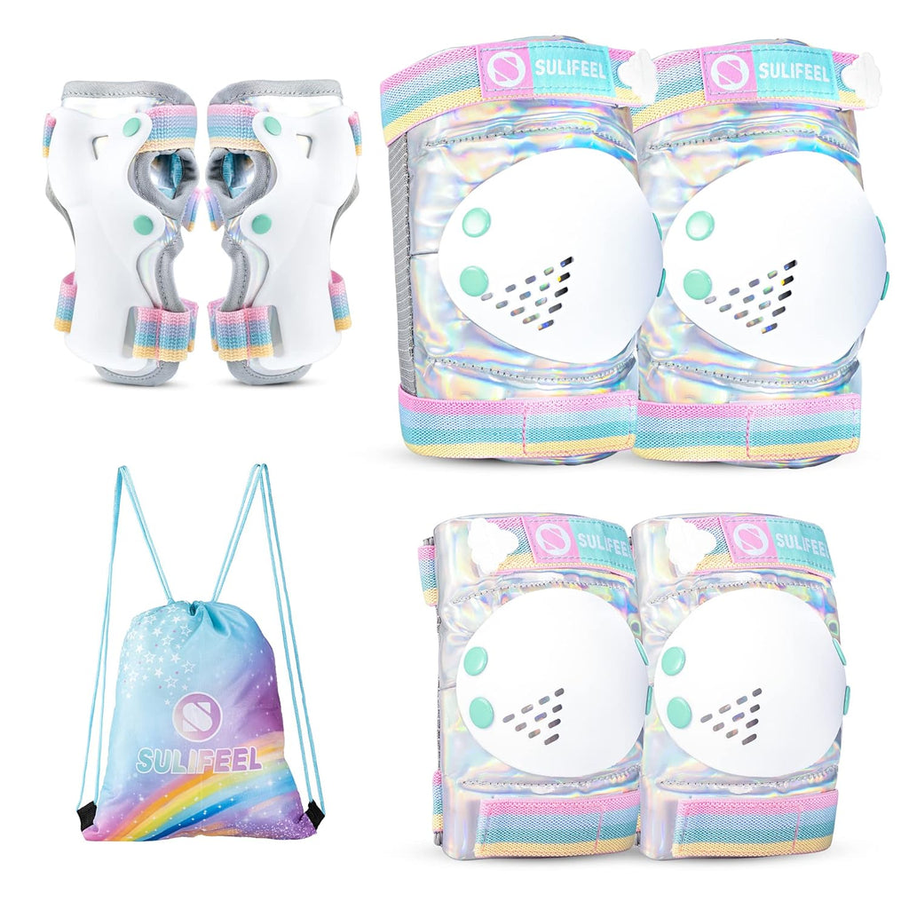 SULIFEEL Rainbow Unicorn Protective Gear Set - Adjustable Knee Pads, Elbow Pads & Wrist Guards for Kids | Shiny Small