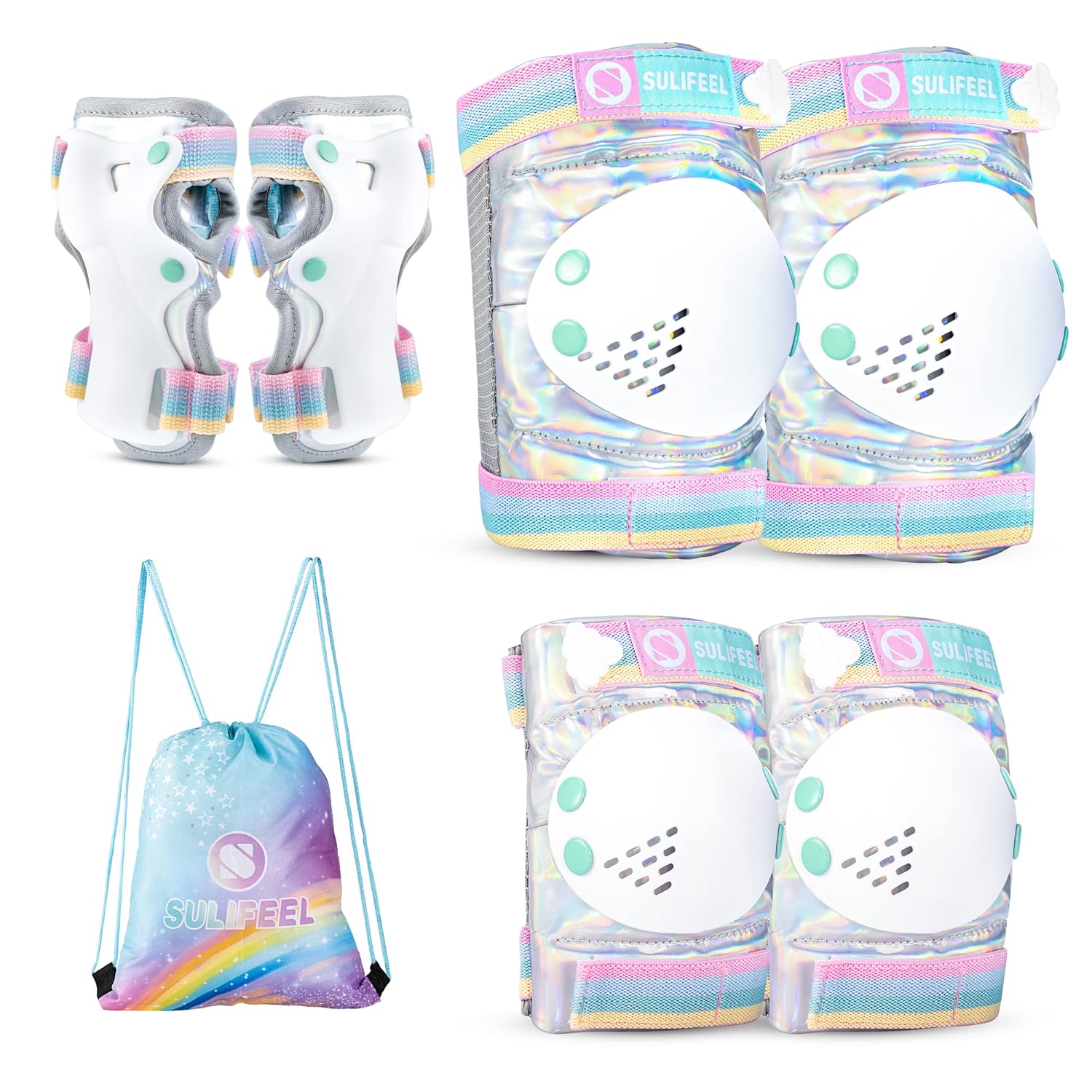 SULIFEEL Rainbow Unicorn Protective Gear Set - Adjustable Knee Pads, Elbow Pads & Wrist Guards for Kids | Shiny Small