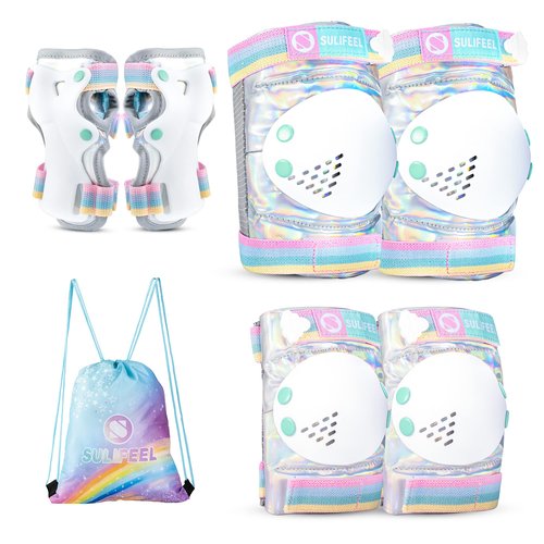 SULIFEEL Rainbow Unicorn Roller Skates for Youth Size Large and Adjustable Protective Gear Set Shiny Medium