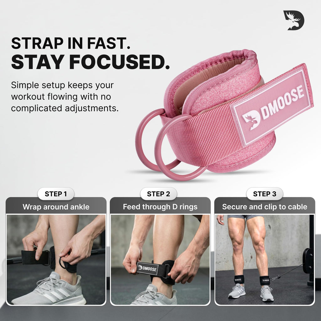 DMoose Fitness Ankle Straps for Cable Machines - One Size Fit with Premium Padding, Glute Kickback Ankle Strap for Women & Men, Cable Attachments for Gym, Booty Workouts (Glitter Pink - Pair)