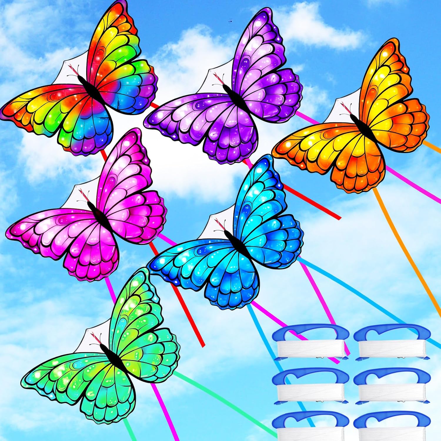 Silipull Butterfly Kites - 6 Pcs Large 55" x 28" Colorful Kites with 328ft String for Outdoor Fun