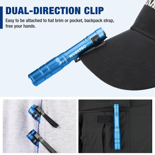 WORKPRO Rechargeable Pen Light, Mini Flashlight, 2 Pack Ultra-Compact EDC Flashlight, Pocket Flashlight with Clip, Memory Function and 2 x USB C Cable Included, Blue
