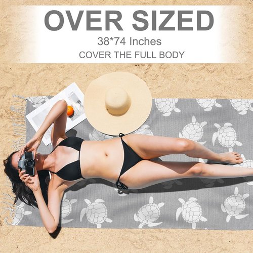 Genovega Oversized Cotton Beach Towel - Lightweight, Quick-Dry, Sandless | 72"x36", Grey Turtle Design