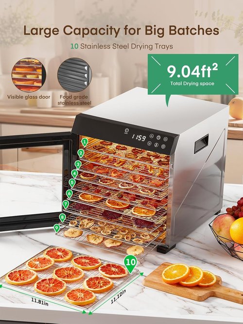 FOHERE Food Dehydrator - 1000W with 10 Trays & 9.04ft² Drying Space | Digital Timer & Temperature Control