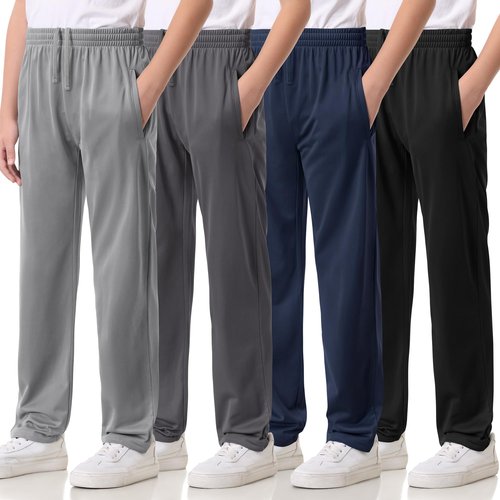 4 Pack Boys Lightweight Sweatpants, Tricot Sweat Pants for Boys Athletic Open Bottom Pants with Pockets & Drawstring Black, Navy, Dark Gray, Gray Set A L