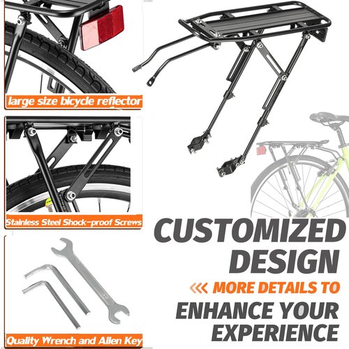YONTUO Rear Bike Rack with Large Size Reflective,Bike Cargo Rack with Extra Long Mounting Brackets,Universal Adjustable Touring Carrier Rack,Large Capacity Bike Pannier Rack