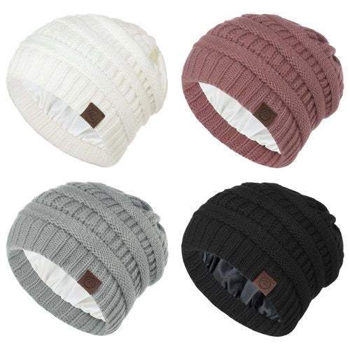 Zando 4 Packs Satin Lined Beanie for Women Men Teen - Warm Winter Hats with Hair Protection Windproof Knitted Silkly Lined Thick Beanies Sleep Cancer Cap One Size Black & Light Grey & White & Pink