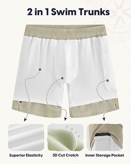 Maamgic 7 Inch Wavy Texture Men's Swim Trunks - Quick Dry Bathing Suit with Compression Liner & Zipper Pockets