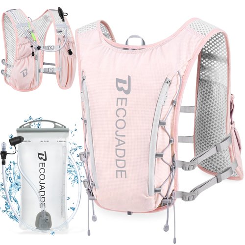 BECOJADDE Running Vest Hydration Backpack with One 1.5L Water Bag for Men Women, 5L Lightweight Running Backpack Hydration for Marathon, Trail, Cycling, Hiking, Jogging Pink