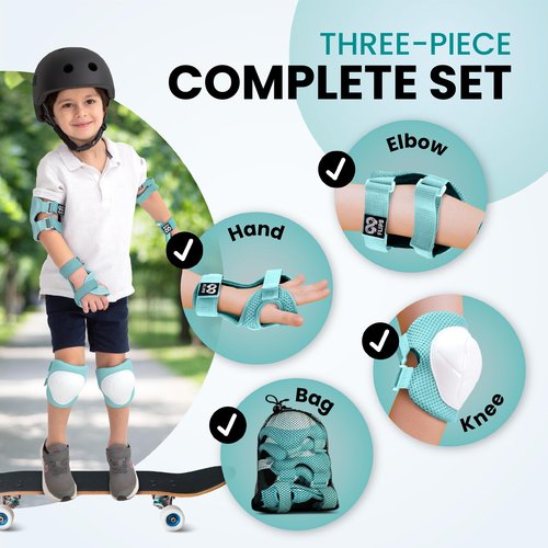 99FLIPS Kids Knee and Elbow Pads Set - Pads and Wrist Guards for Skating Girls & Boys - Size SM Mint - Skateboard Roller Skates Scooter