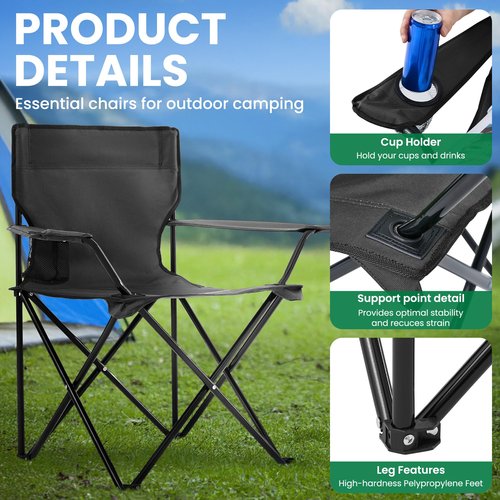 4 Pack Folding Camping Chairs for Adults,Foldable Portable Lawn Chairs with Carry Bag & Cup Holder, Compact Design for Camp,Beach, Picnics,and Fishing Supports 300LBS（Black）