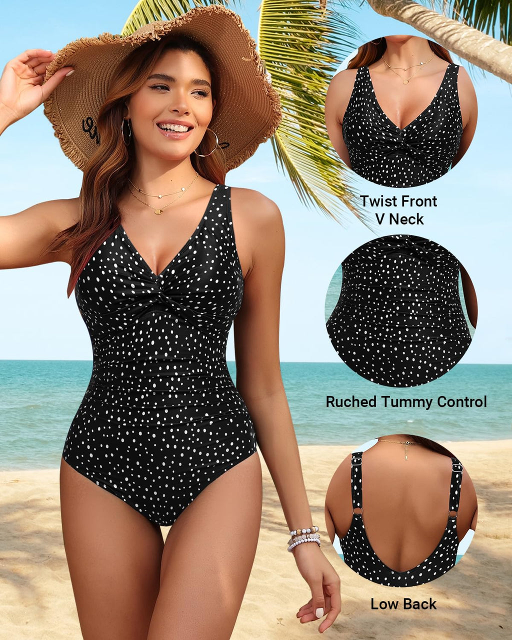 Holipick Black Dot Women Tummy Control One Piece Swimsuit - Push Up Bathing Suit Full Coverage Slimming Swimwear M