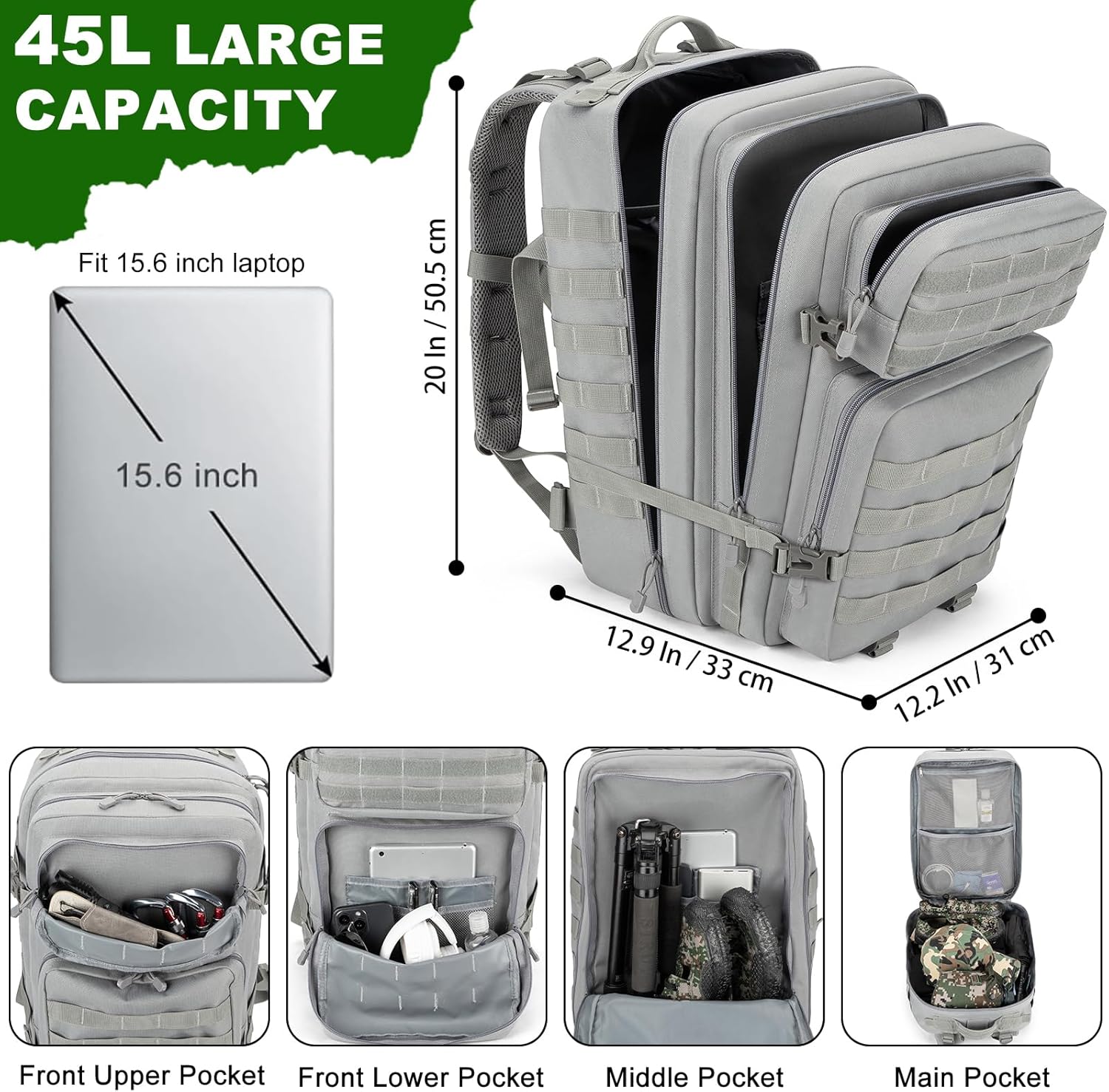 Skiennix Tactical Backpack 45L - Water Resistant MOLLE Rucksack for Hiking, Camping & Travel (Grey)