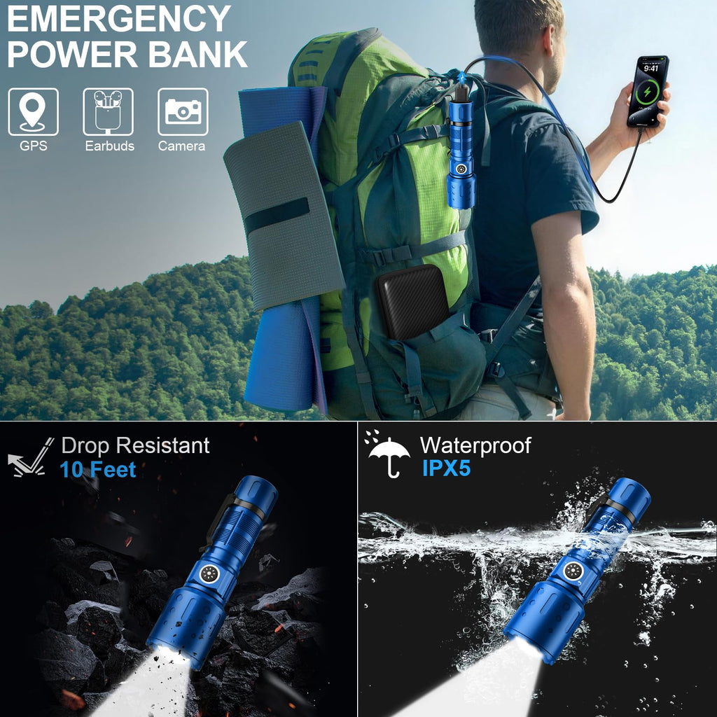Banral Flashlights High Lumens Rechargeable, Super Bright Long Range Small Powerful Flashlight, 6 Modes LED Tactical Pocket Waterproof Flash Light for Home Emergency (2, Blue)