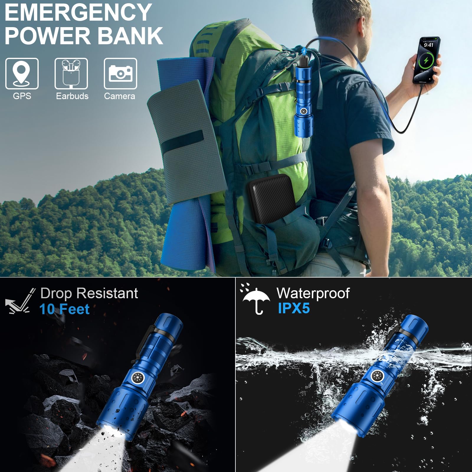 Banral Flashlights High Lumens Rechargeable, Super Bright Long Range Small Powerful Flashlight, 6 Modes LED Tactical Pocket Waterproof Flash Light for Home Emergency (2, Blue)