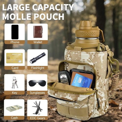 DEFUNX Insulated Half Gallon Water Bottle - 64 oz Tactical Stainless Steel Jug with MOLLE Pouch | Desert Digital Camo