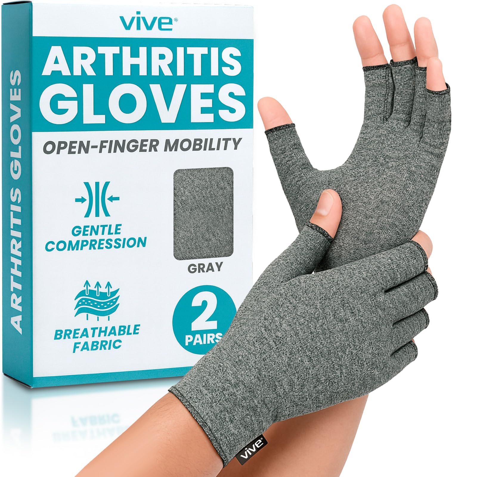 Vive Arthritis Gloves (2 Pairs) - Men Women Rheumatoid Compression Hand Glove for Osteoarthritis - Arthritic Joint Pain Relief - Carpal Tunnel Wrist Support - Open Finger Fingerless Thumb for Typing