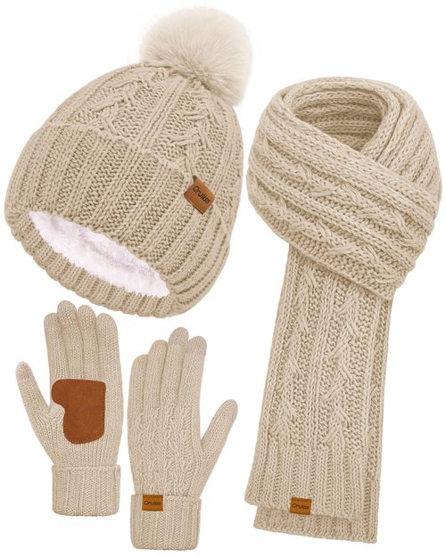 Womens Winter Beanie Hat Scarf Gloves Set, Fleece Lined Knitted Hat with Pompom Long Scarf Touchscreen Mittens for Women Men (Oatmeal)