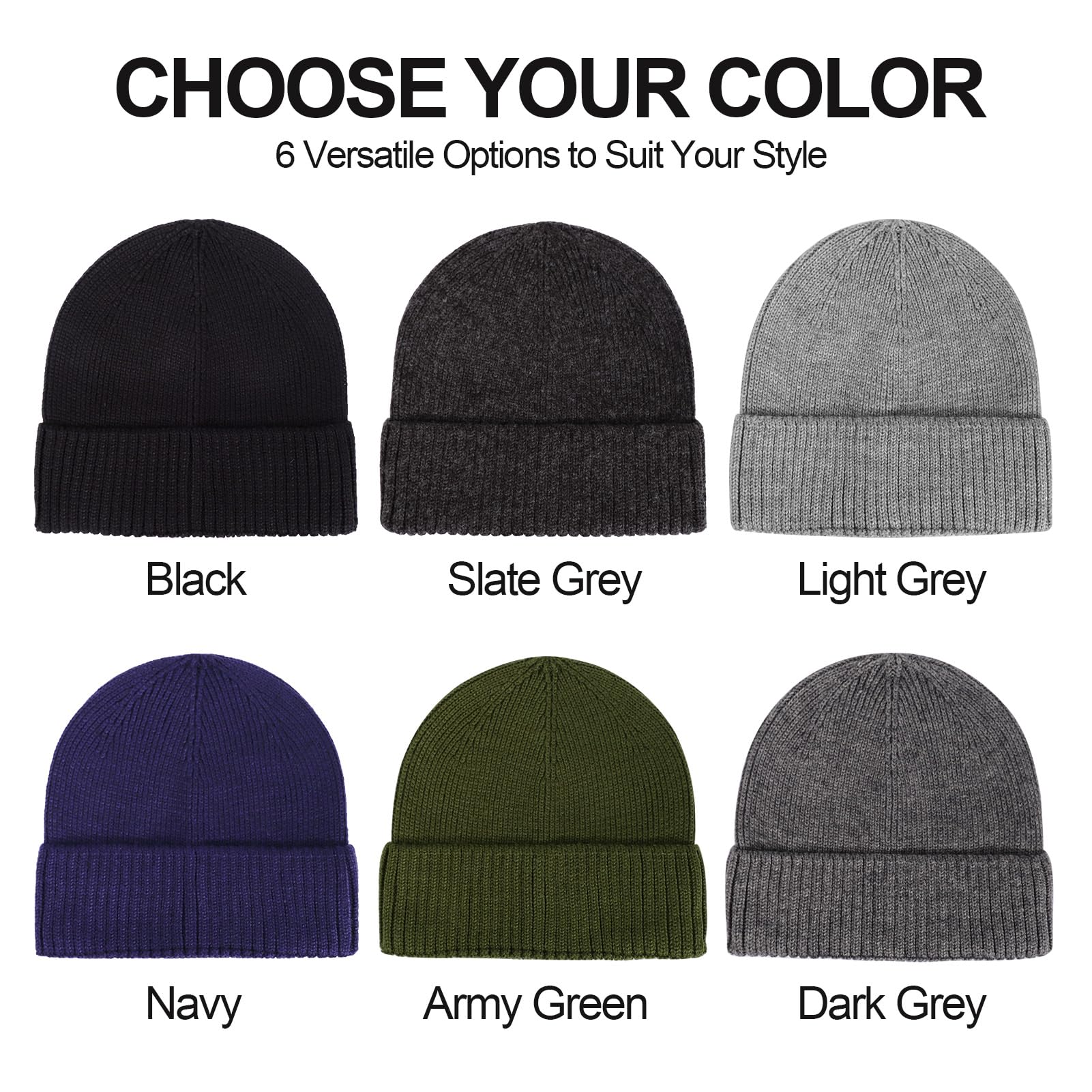 Oversized L/XL/XXL Merino Wool Beanie Hat for Men Big Head Cuffed Watch Cap Warm Soft Knit Winter Hat Black
