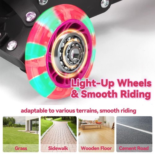 3 Wheel Scooter for Kids Age 3-12, Kid Scooters with Extra-Wide Deck, Lean to Steer Height Adjustable Handlebar, Light Up Wheels, Stable Smooth Riding Child Kick Scooter Hold 165 lbs, Girl Gift