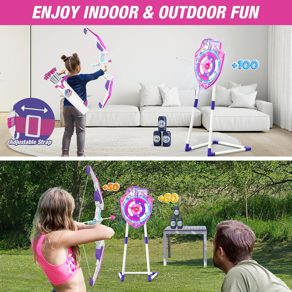 Skiennix LED Light Up Unicorn Bow and Arrow Set - 12 Suction Cup Arrows & Glow Target for Kids Ages 4-12