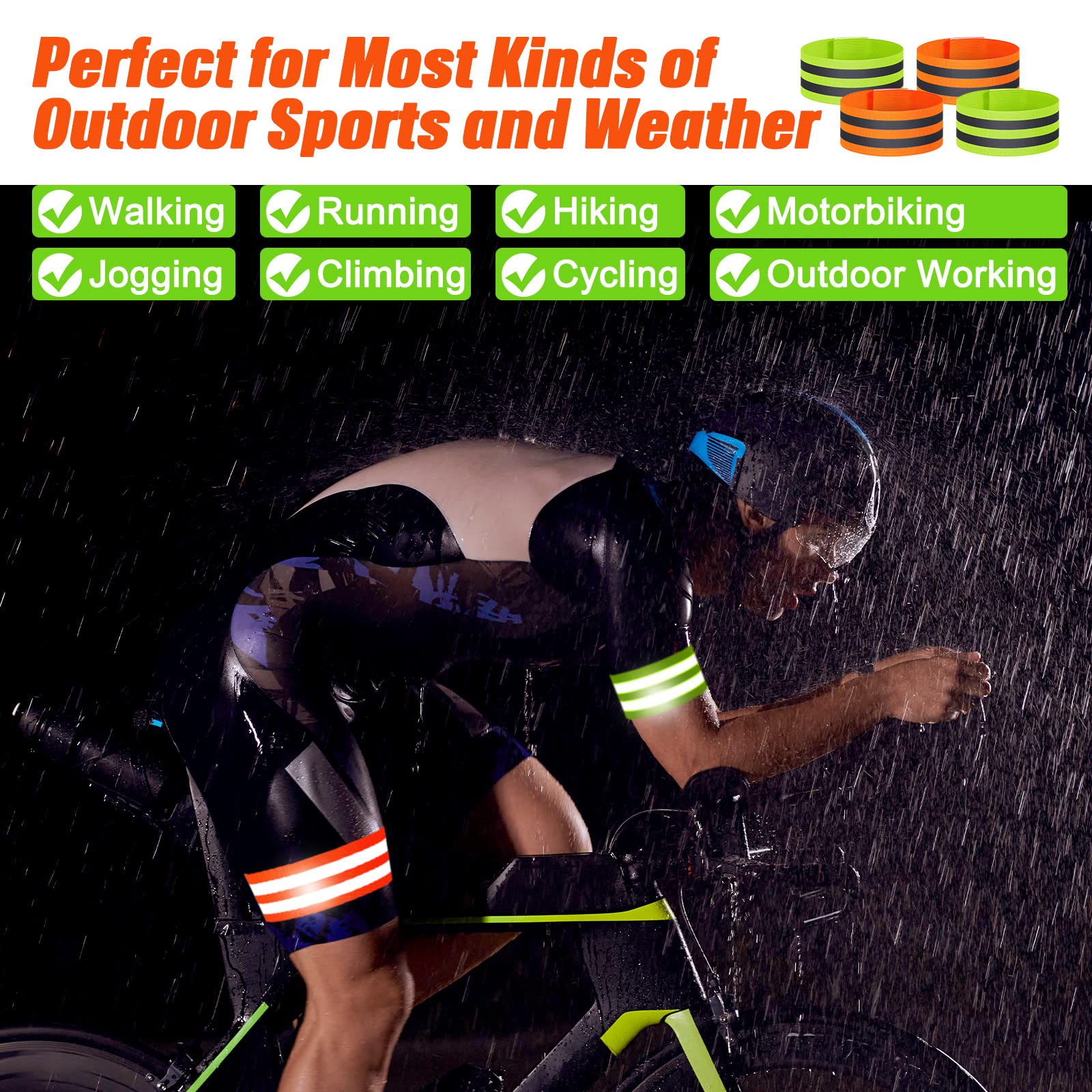 Yilloog 100 Pcs Reflective Arm Bands for Night Walking Reflector Bands Wrist Arm Ankle Leg High Visibility Reflective Gear Safety Reflector Tape Straps for Cycling and Running(Green, Orange)