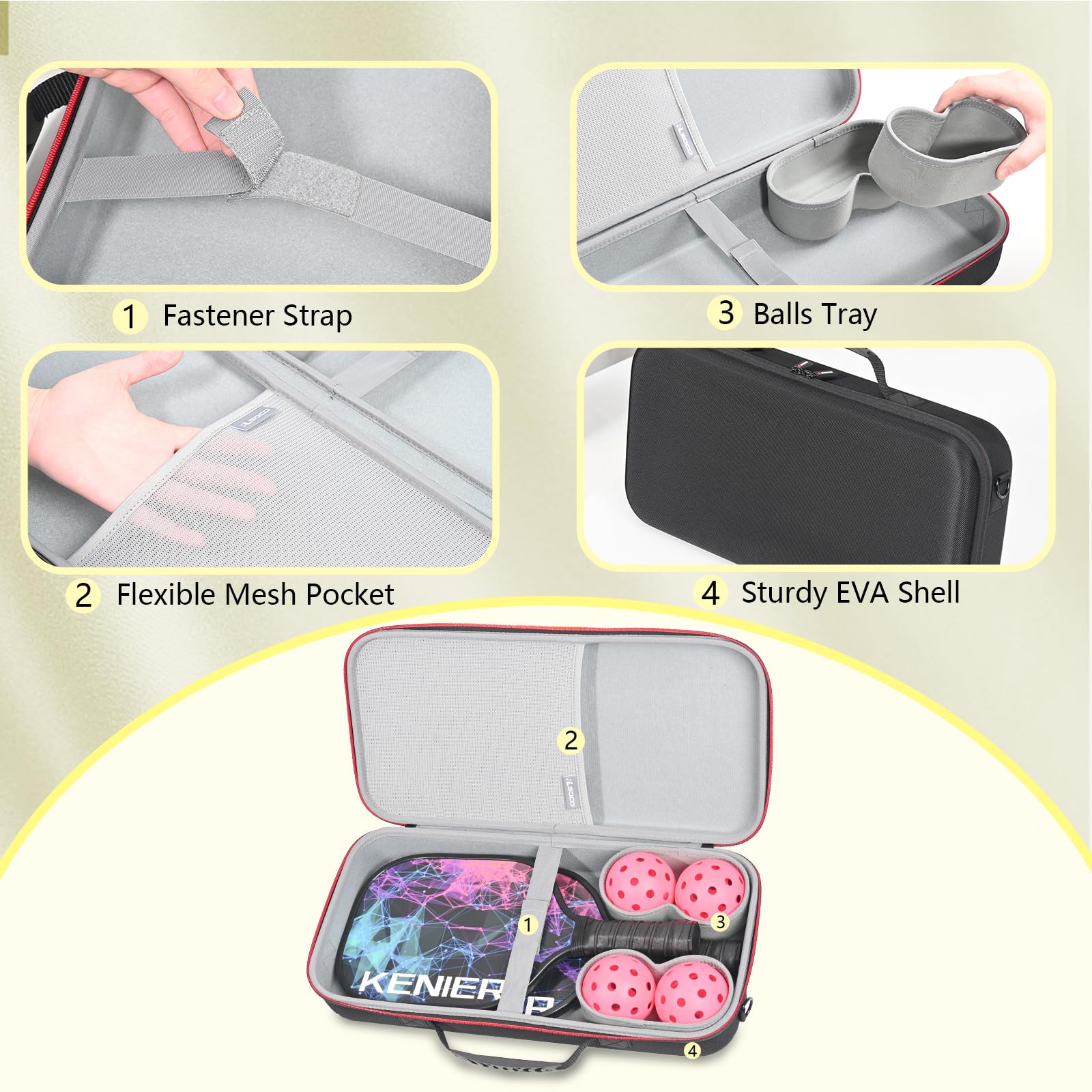 RLSOCO Pickleball Paddles Case Holds 2 Rackets and 4 Ball - Hard Protective Bag Fits for Selkirk Sport/Warping Point and All Pickleball Paddle Shapes and Sizes (Case Only)