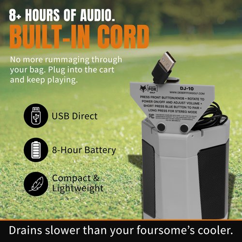 DESERT FOX GOLF DJ-10 Golf Cart Bluetooth Speaker – Wireless Magnetic Golf Speaker with Secure Mount – Loud, Weatherproof Sound with Retro Volume Knob & Built-in Charging (Gray w/US Flag)