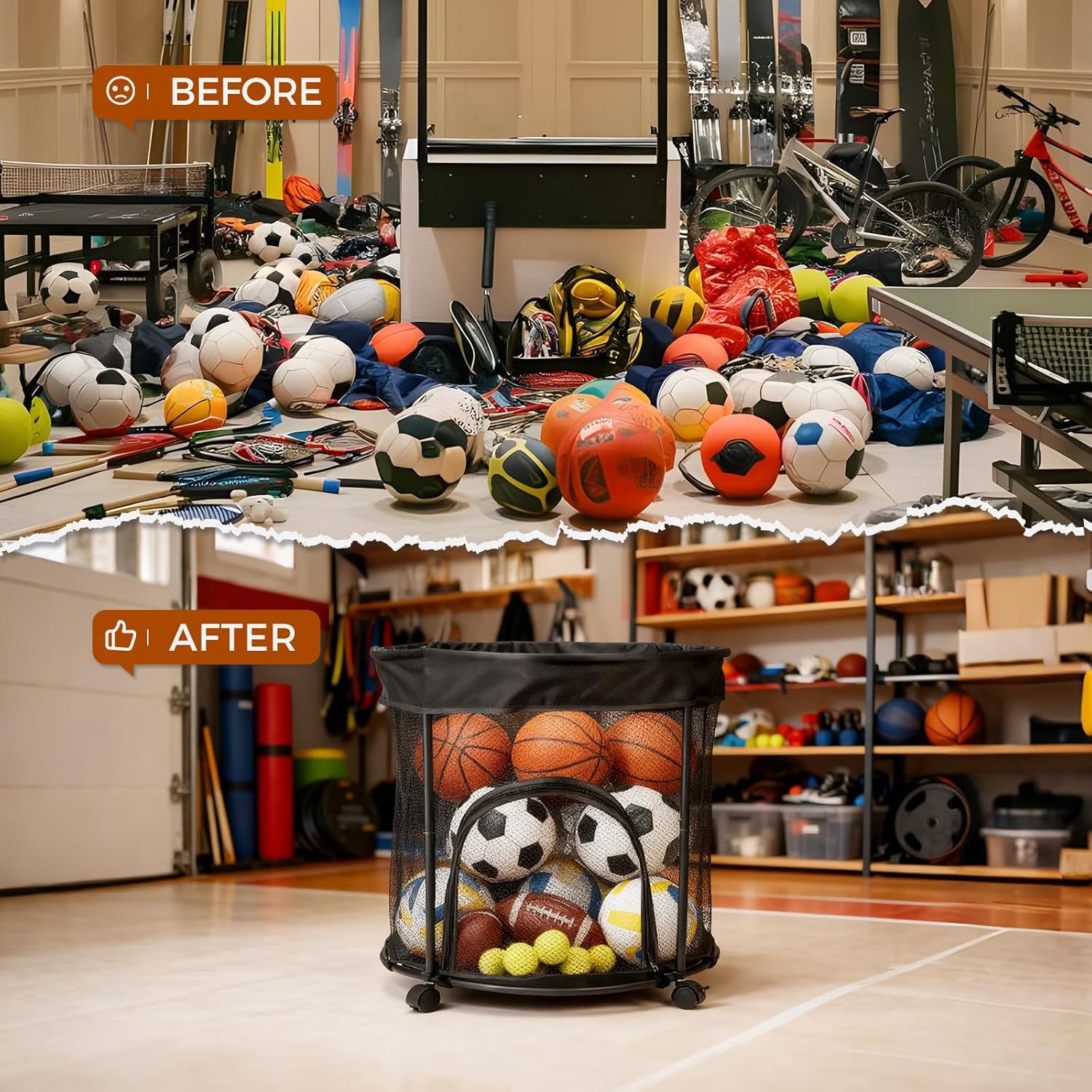Skiennix Ball Storage Cart - 51.36 Gallon Capacity with Wheels & Side Opening Baskets | Ideal for Sports Balls
