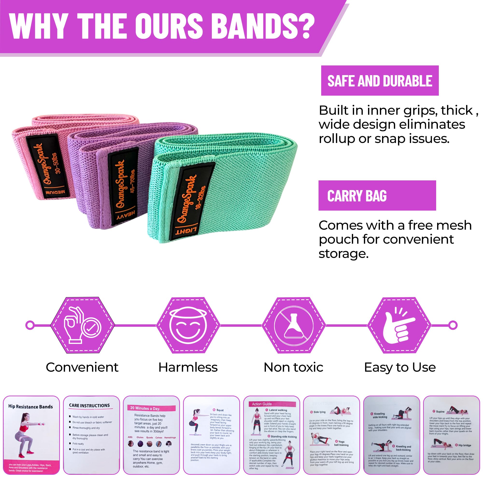 OrangeSpark Resistance Bands – Premium Workout Bands for Women & Men, 3-Piece Stretch Band Set for Glutes, Legs, Pilates & Strength Training (Pink)