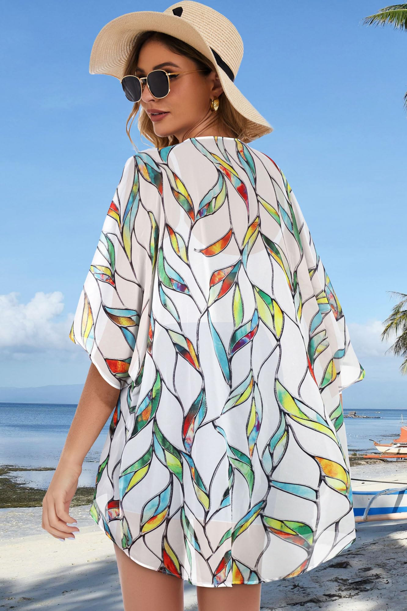 Womens Short Cardigans Casual Cover Up Open Front Kimono Tops Bathings Suit Shawl (White Colorful Leaves,M)