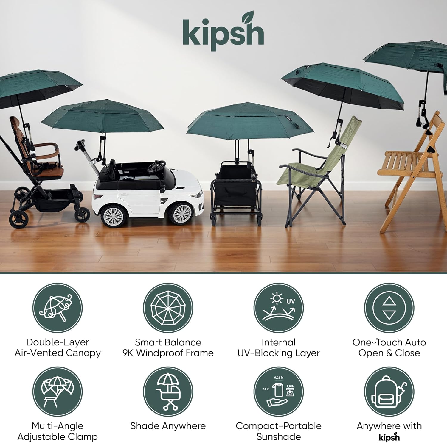 Universal Adjustable Clamp Beach Chair Umbrella by [Brand Name] - Lightweight Portable Sunshade for Stroller, Pool, Camp, Bleachers (Dark Green)