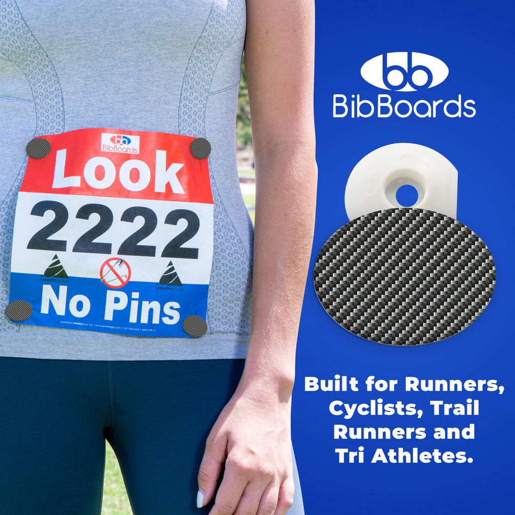 bibSNAPS Race Bib Clips - Safety Lock Fasteners - Secures Running, Marathon, Cycling and Event Number, Non Magnetic, Easy to Use, Soft & Reusable - Replacement for Pins & Magnets - Carbon Fiber (4pcs)