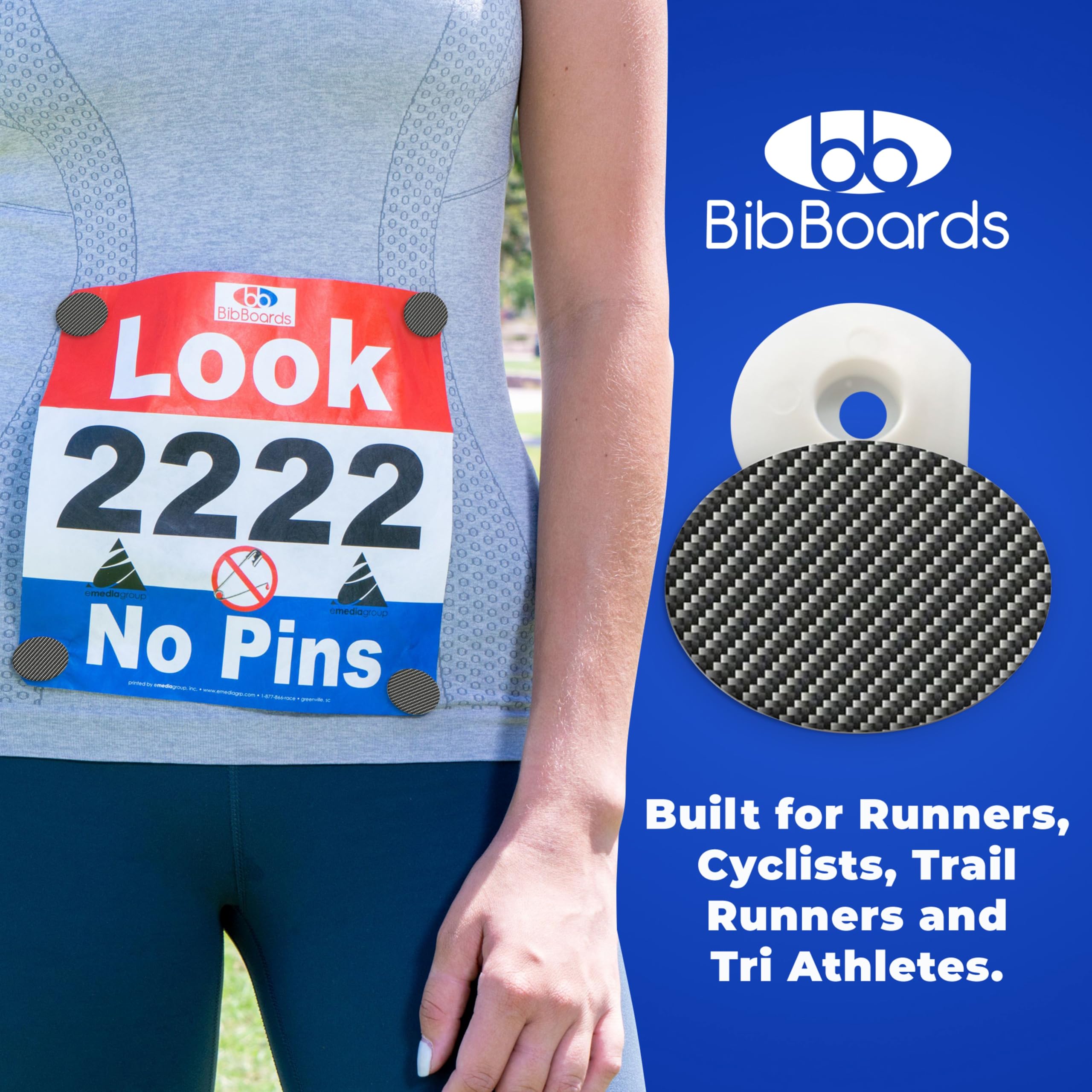 bibSNAPS Race Bib Clips - Safety Lock Fasteners - Secures Running, Marathon, Cycling and Event Number, Non Magnetic, Easy to Use, Soft & Reusable - Replacement for Pins & Magnets - Carbon Fiber (4pcs)