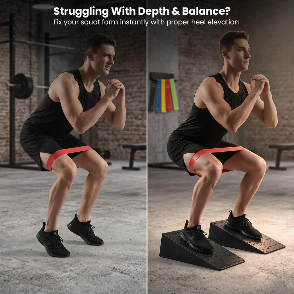 Squat Wedge Block | 2 PCs Non Slip Rubber Heel Elevated squat wedge for strength Training and Deep Squats| slant board for squats to improve ankle mobility with 5 resistance band