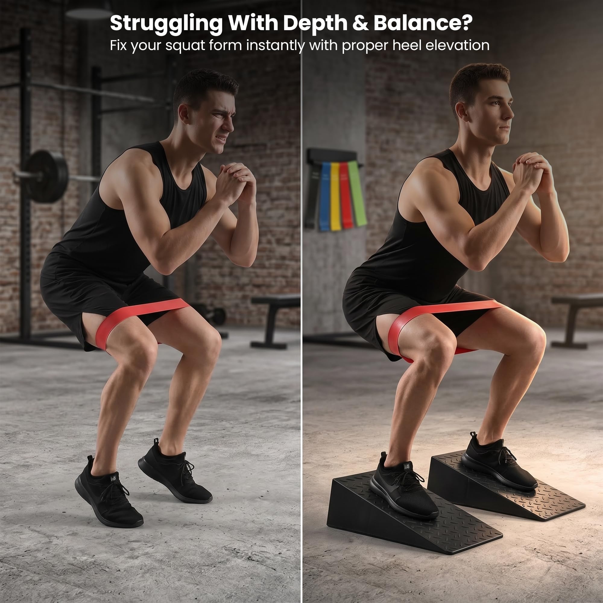 Squat Wedge Block | 2 PCs Non Slip Rubber Heel Elevated squat wedge for strength Training and Deep Squats| slant board for squats to improve ankle mobility with 5 resistance band