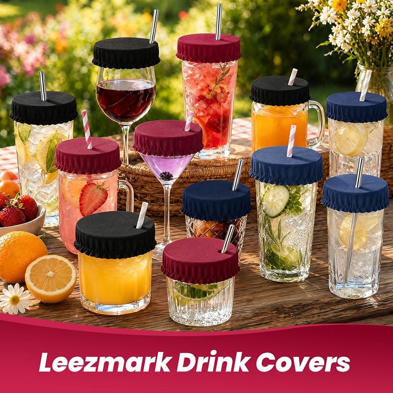 Reusable Scrunchie Drink Covers 12Pcs with Straw Hole – Dark Colors (Black, Navy, Dark Red) for Cups & Glasses