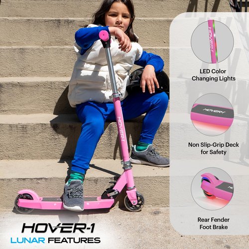 Hover-1 Lunar Kids Folding Kick Scooter with Color-Changing LED Light Up Wheels, Foot Brake, Adjustable Height Handle, and Light Weight Design